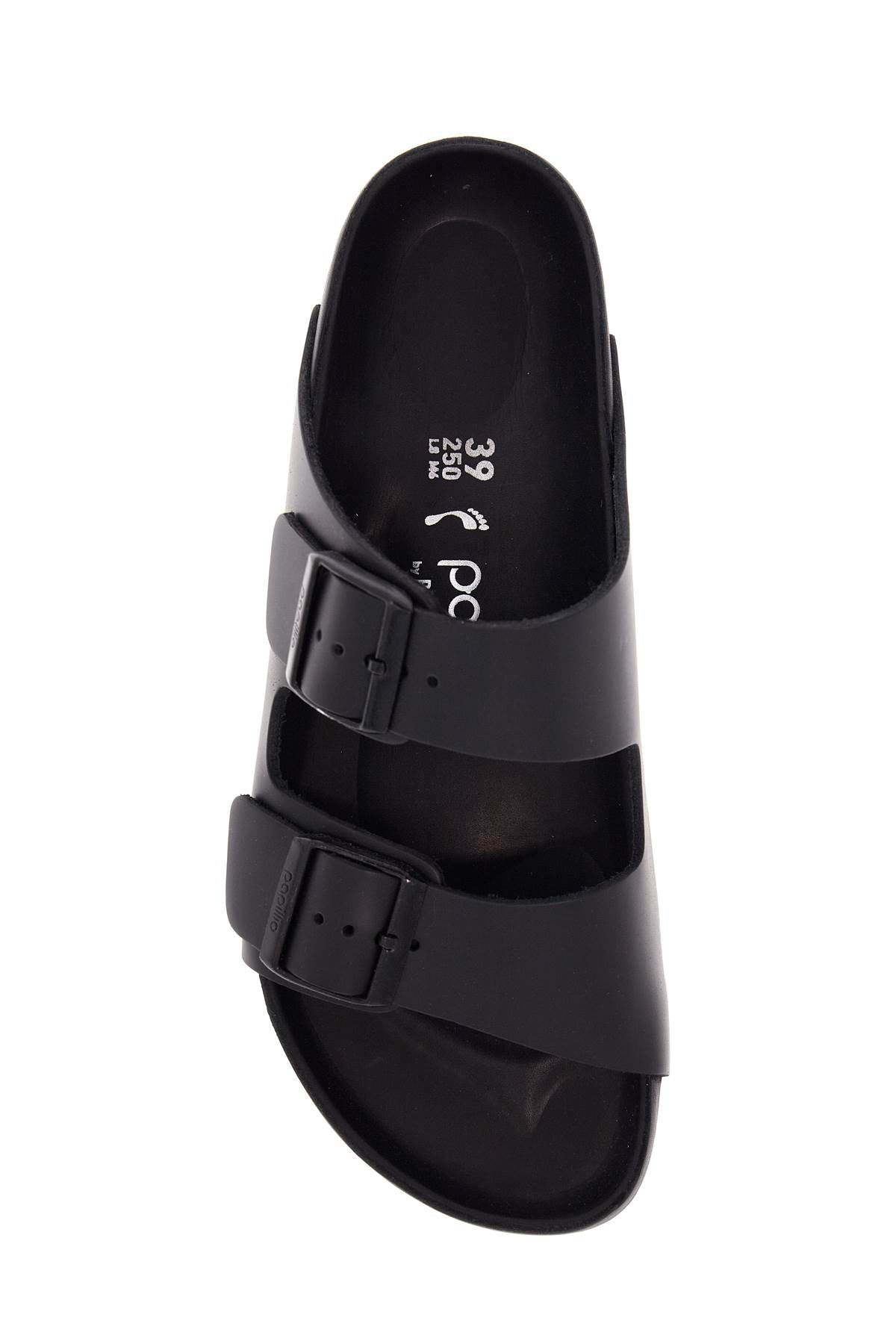 Birkenstock black leather platform sandals with two straps and metal buckles