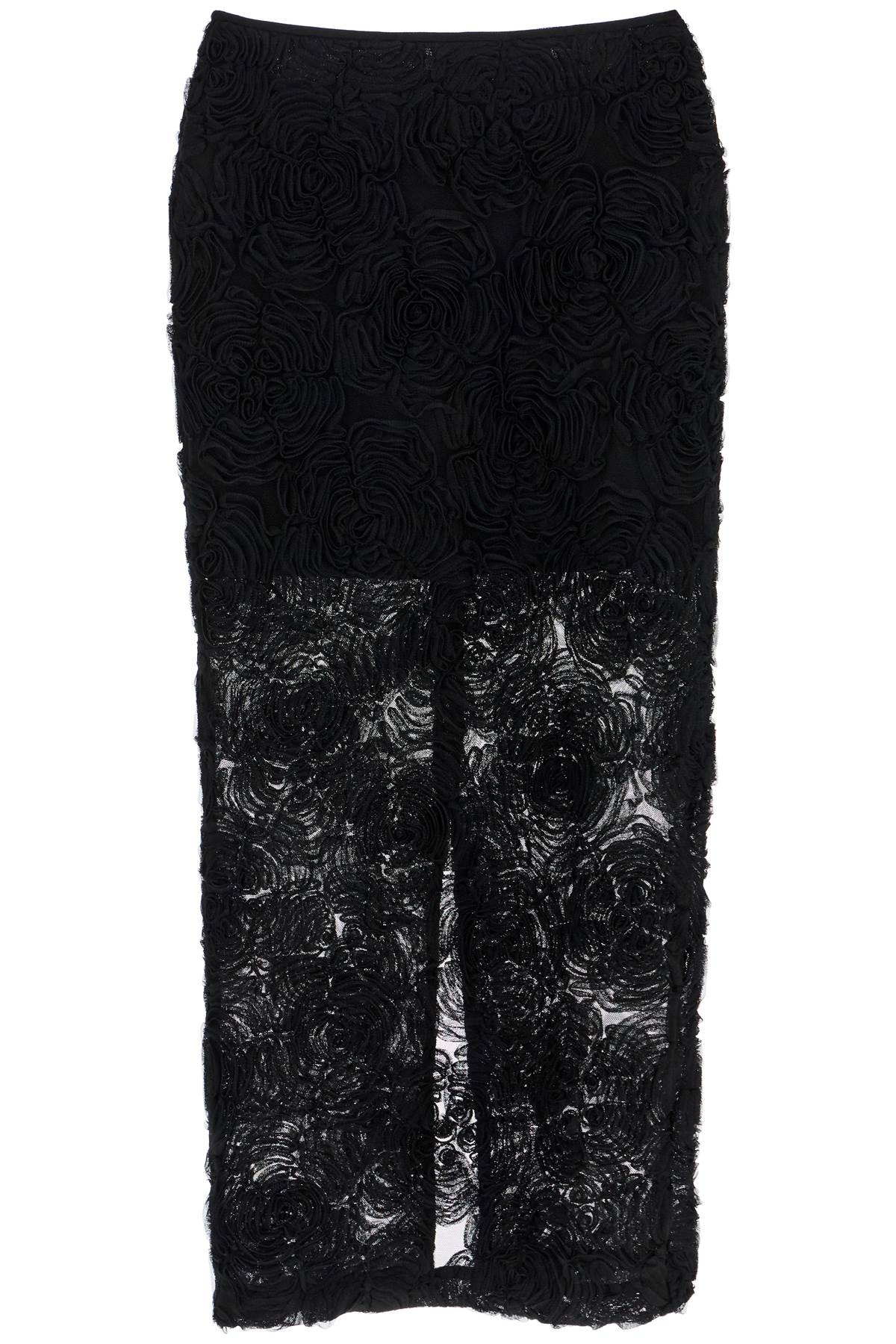 Rotate black recycled polyester floral mesh pencil skirt