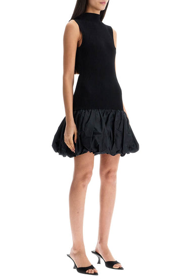 Rotate black knit racer cut dress with high neck and flared skirt