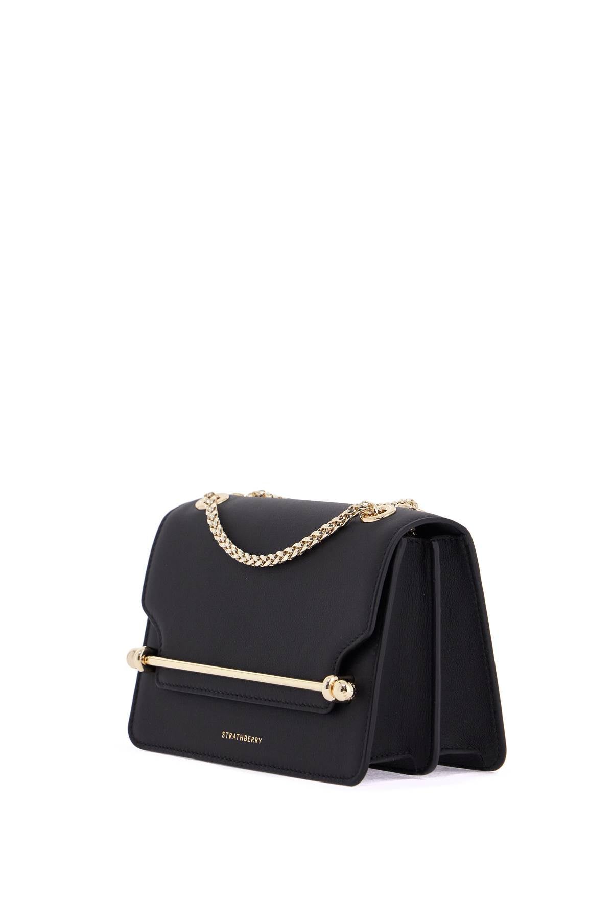 Strathberry black east/west mini calfskin bag with gold chain