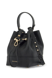 Strathberry black calfskin bucket bag with hammered finish and drawstring closure