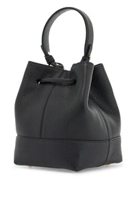 Strathberry black calfskin bucket bag with hammered finish and drawstring closure