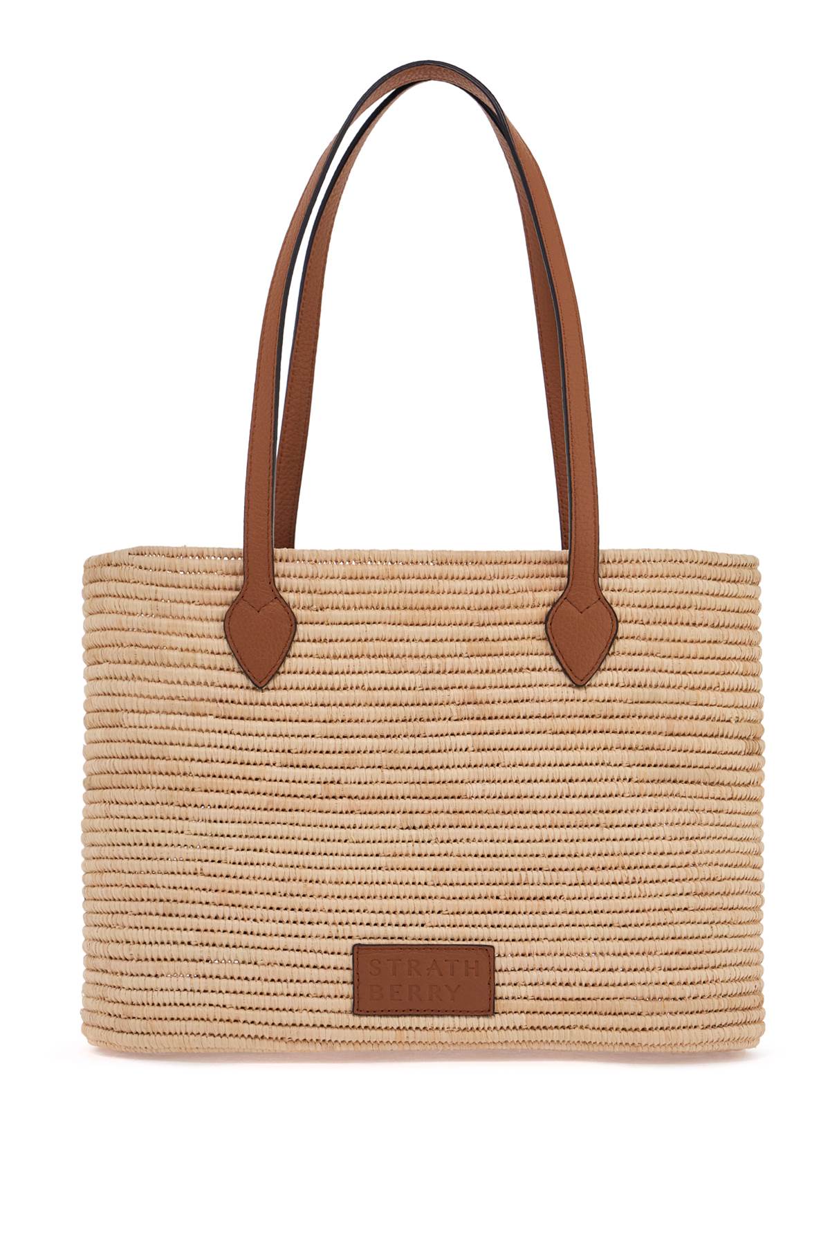 Strathberry medium basket bag in natural raffia with leather details and metal closure