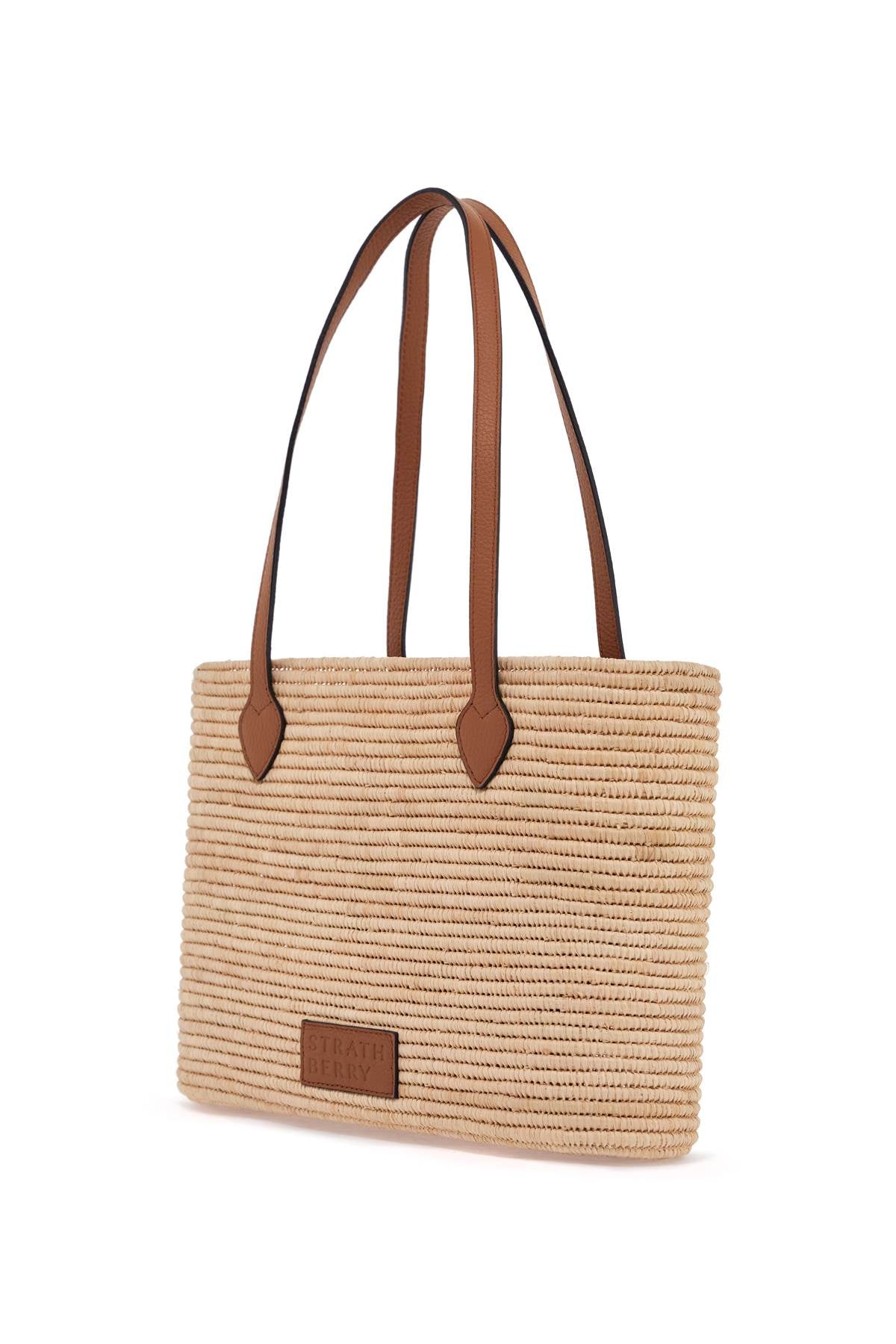 Strathberry medium basket bag in natural raffia with leather details and metal closure