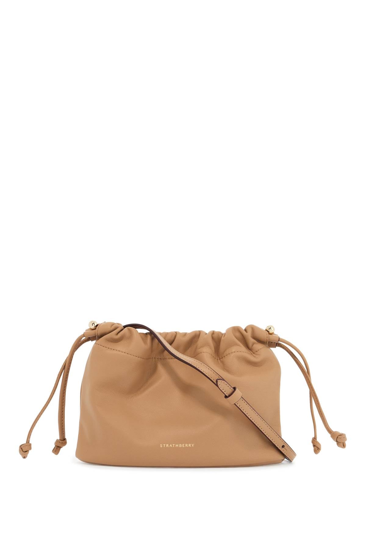 Strathberry charlotte bucket bag in caramel nappa with drawstring and shoulder strap