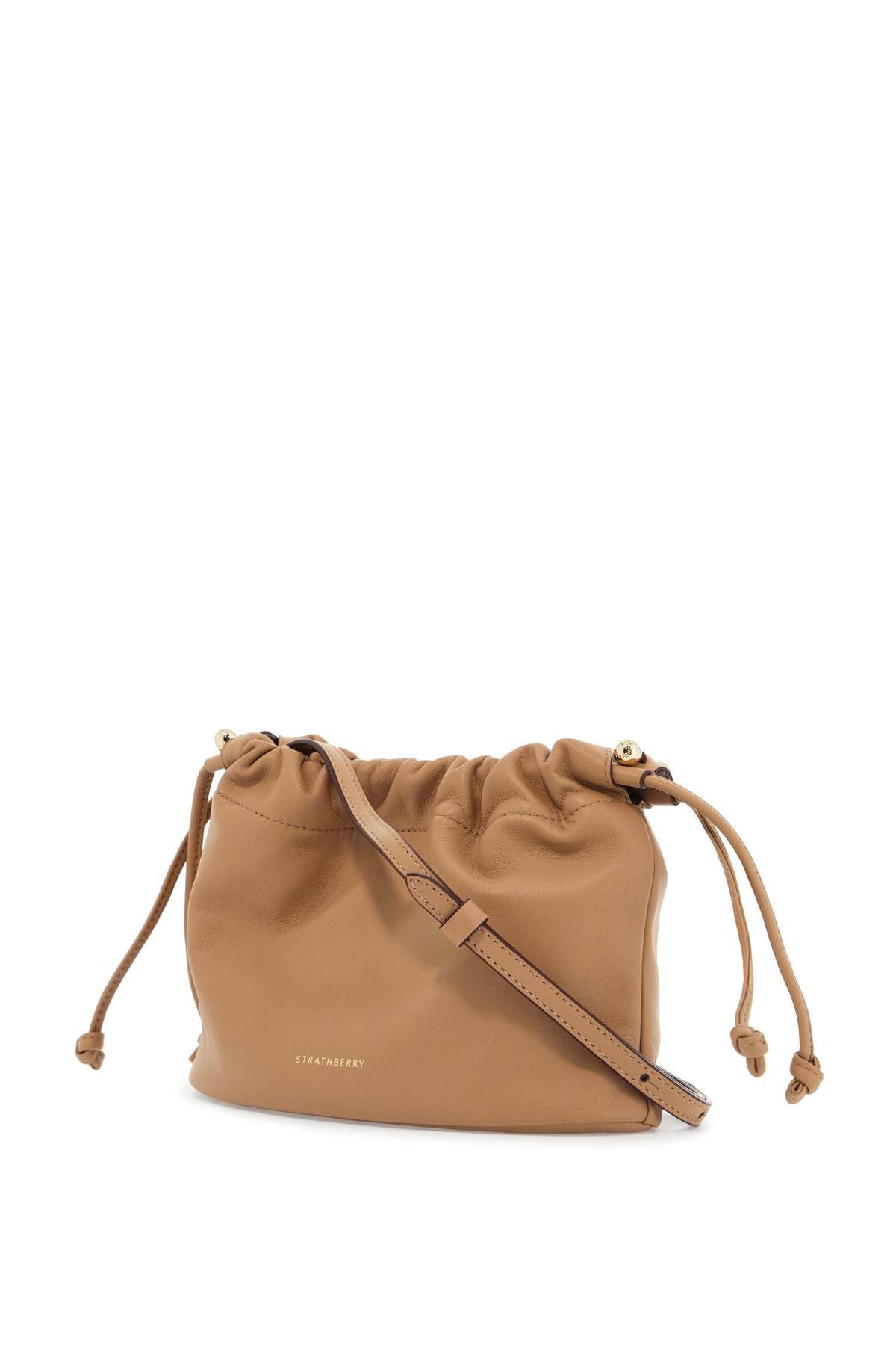 Strathberry charlotte bucket bag in caramel nappa with drawstring and shoulder strap