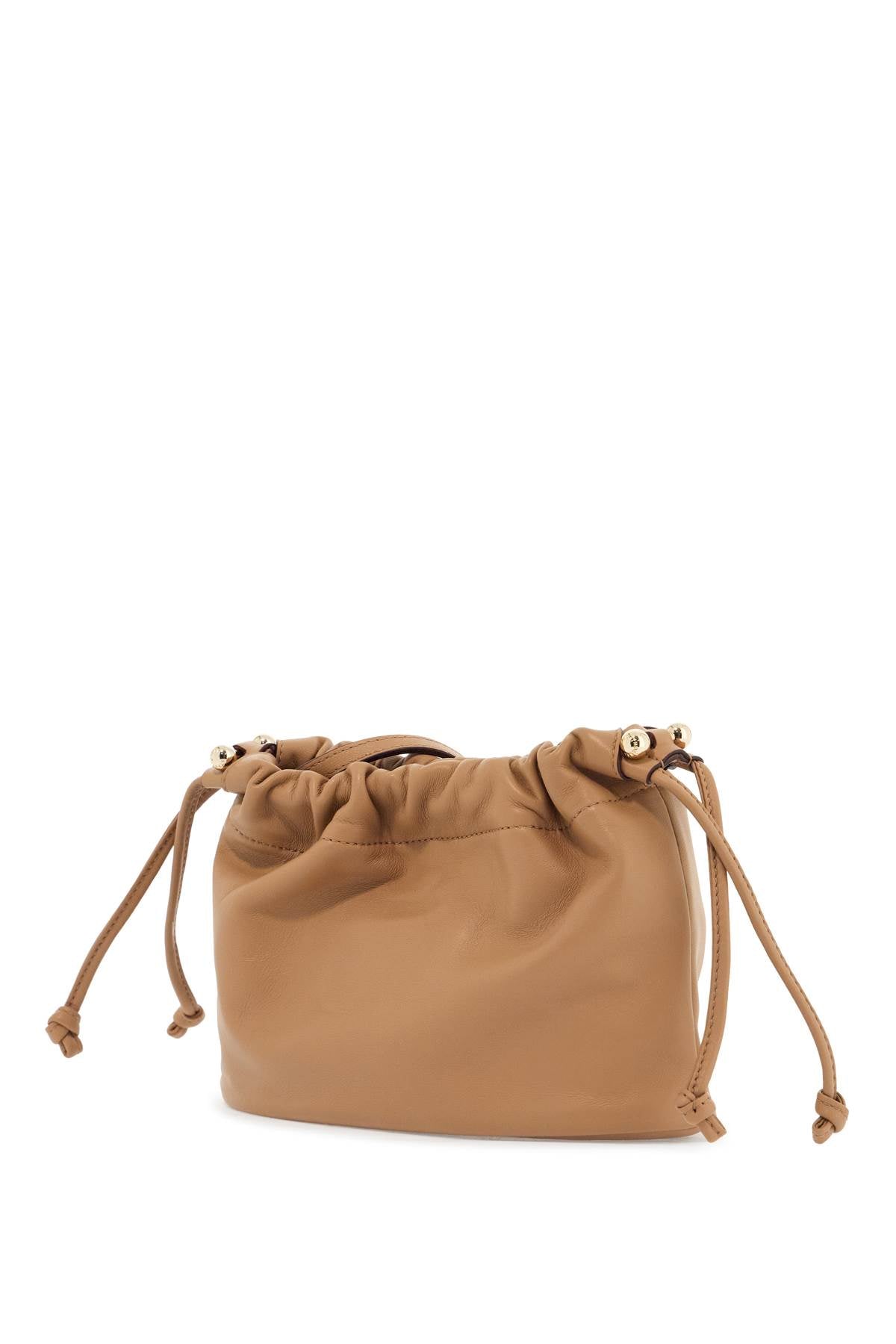 Strathberry charlotte bucket bag in caramel nappa with drawstring and shoulder strap