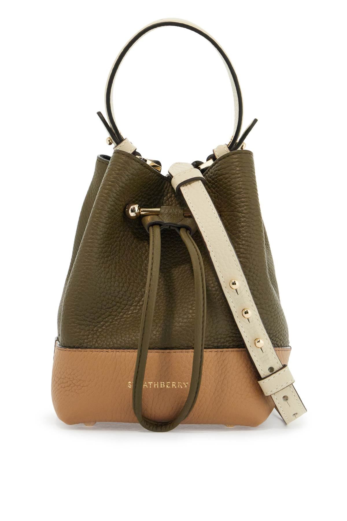 Strathberry khaki and caramel calf leather bag with drawstring closure and golden finishes