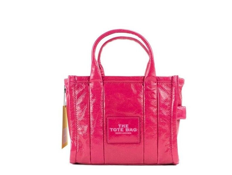 Marc Jacobs The Shiny Crinkle Mini Tote Magenta Leather Crossbody Handbag Purse