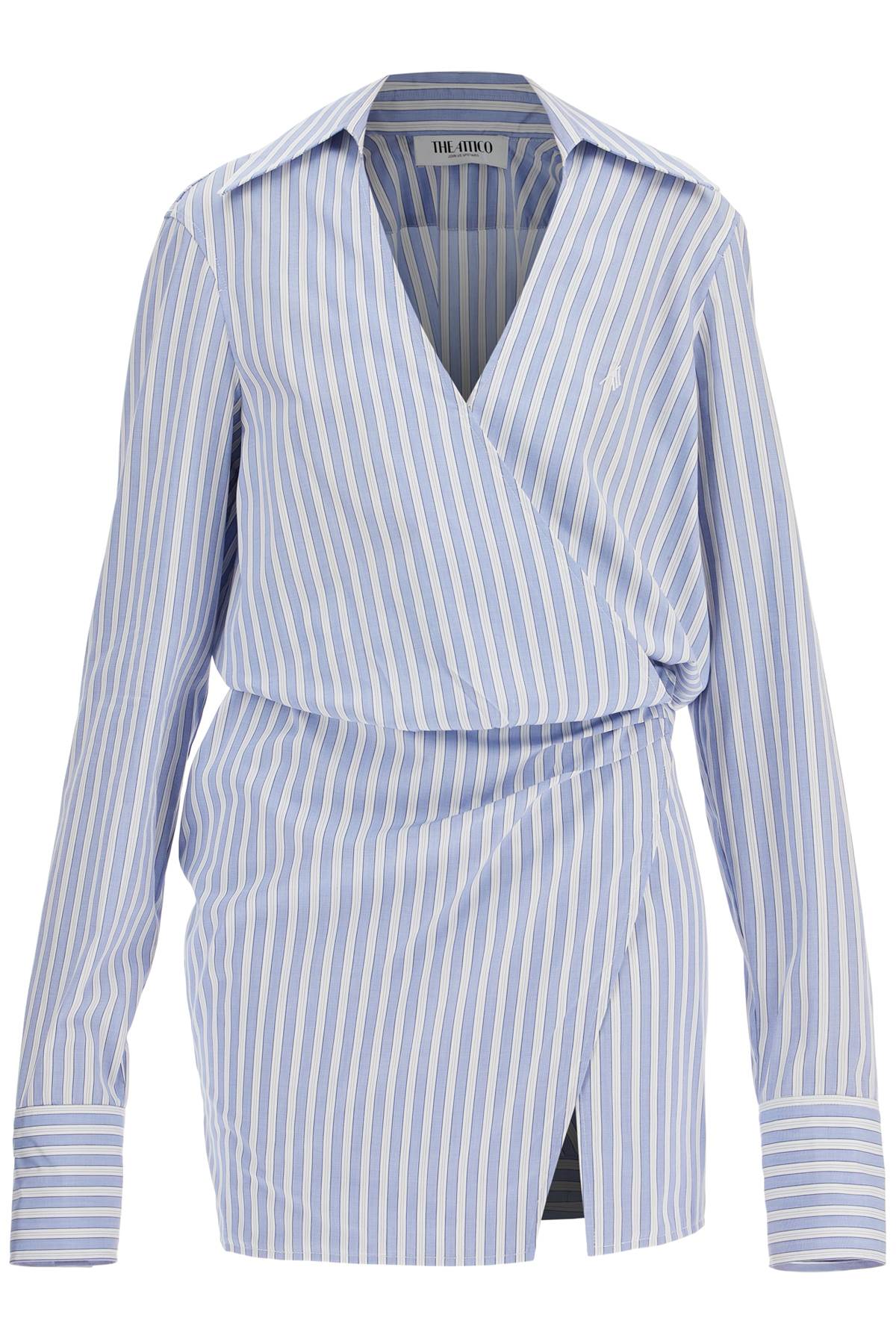 The Attico mini striped dress with v-neck*** long sleeves*** white and navy blue cotton*** tied waist