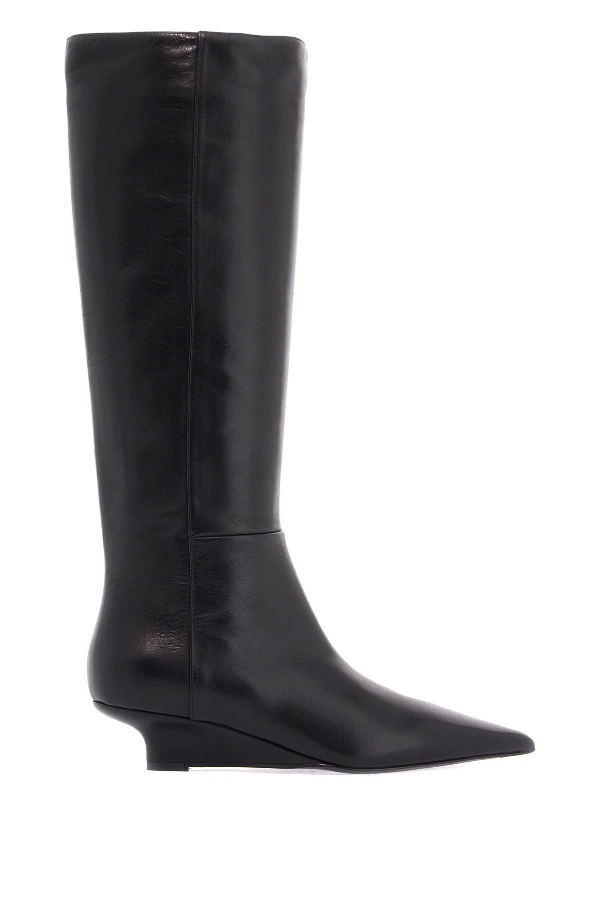 Toteme black leather knee-high boots with low heel and pointed toe