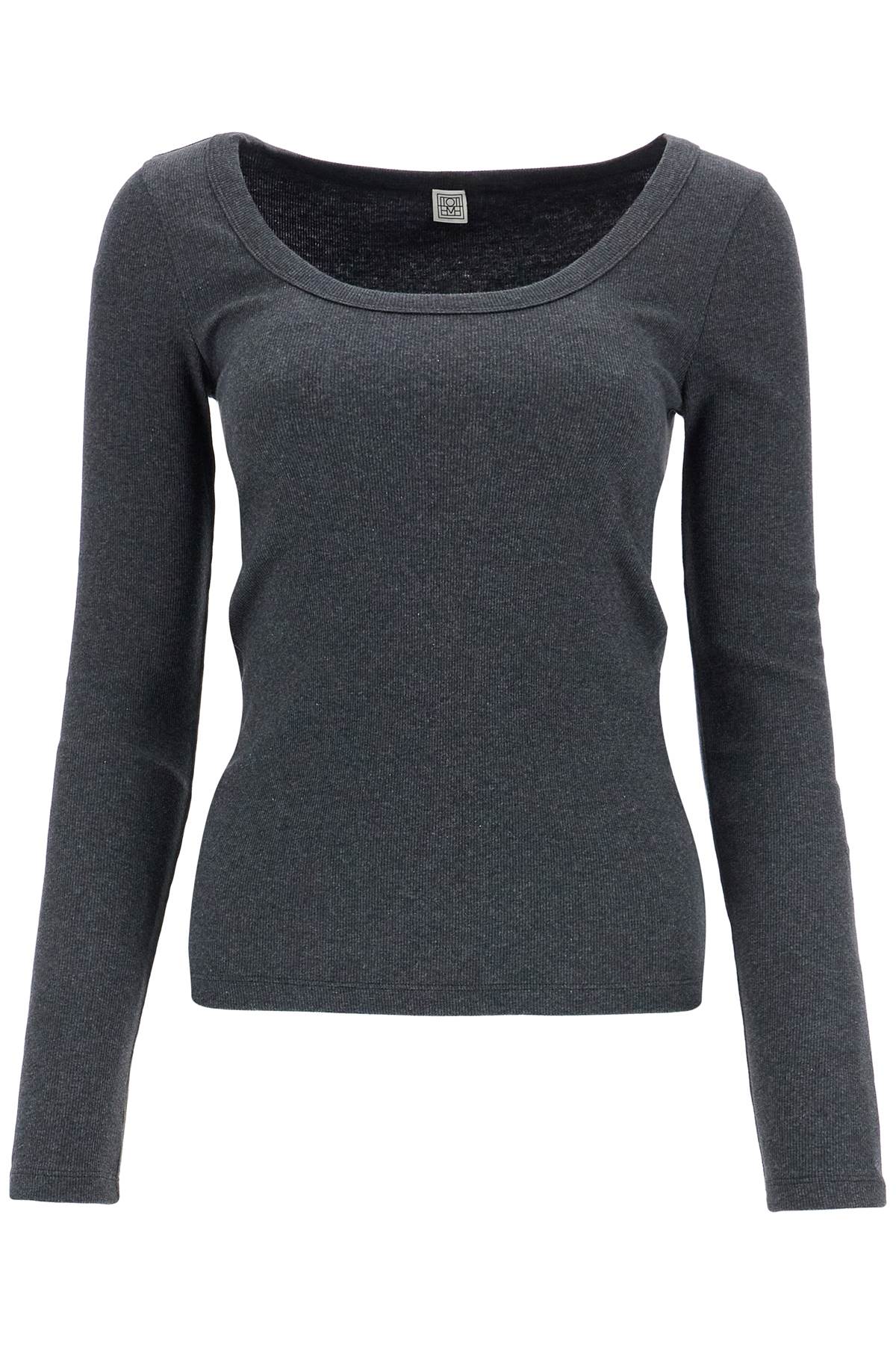 Toteme organic cotton charcoal melange ribbed top with wide neck