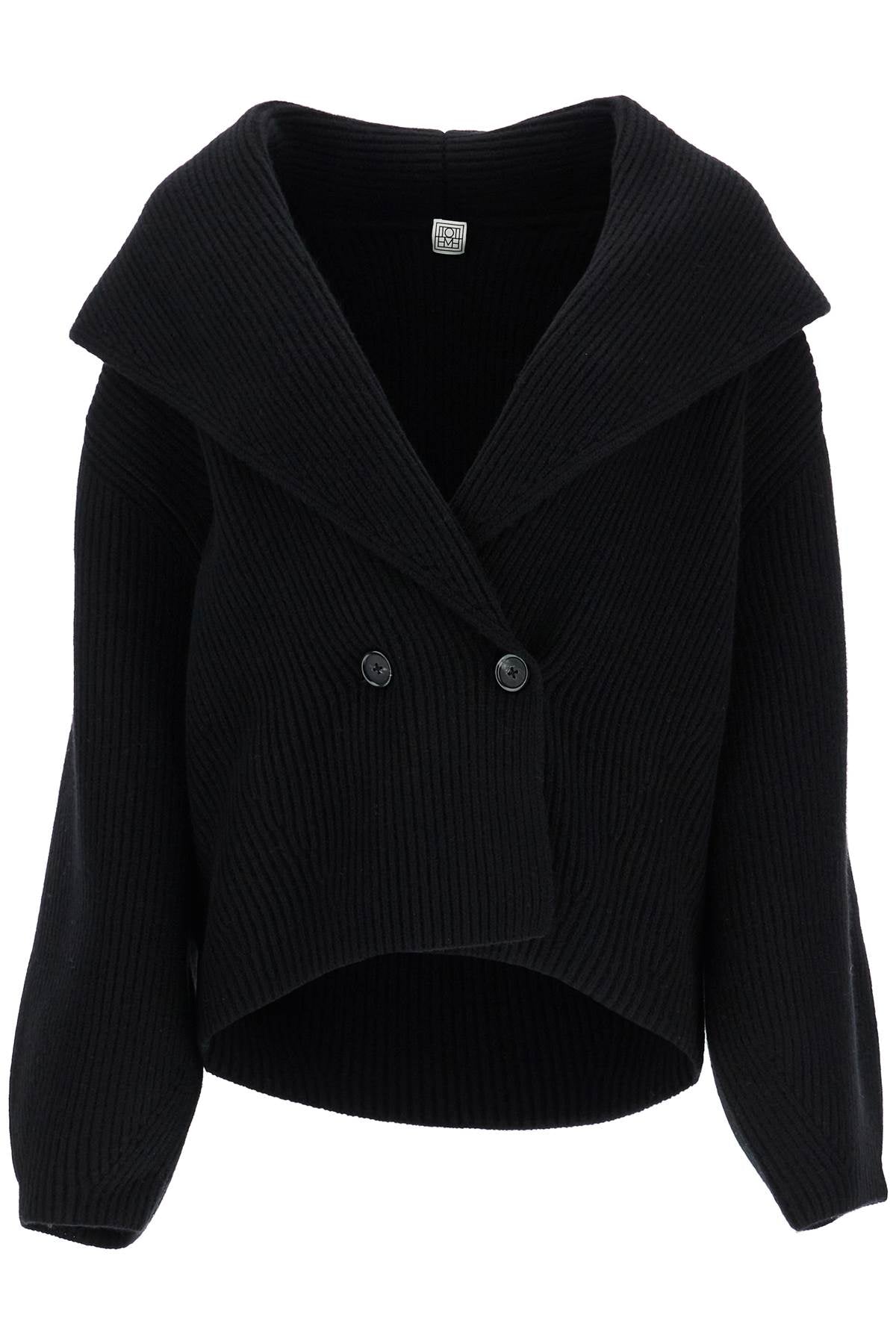 Toteme black wool ribbed cardigan with shawl collar