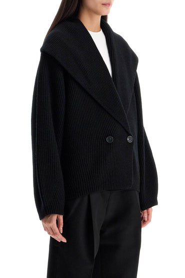 Toteme black wool ribbed cardigan with shawl collar