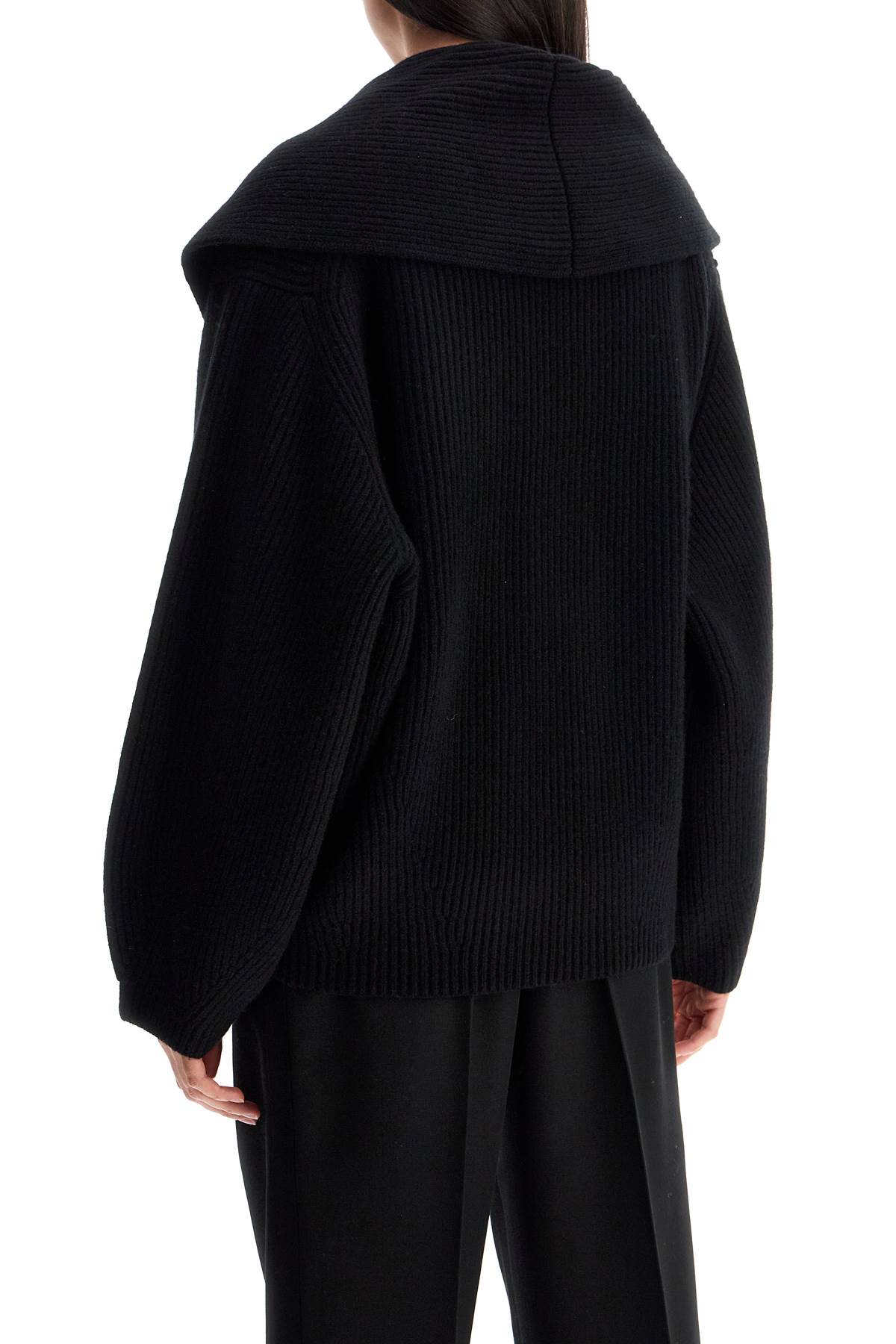 Toteme black wool ribbed cardigan with shawl collar