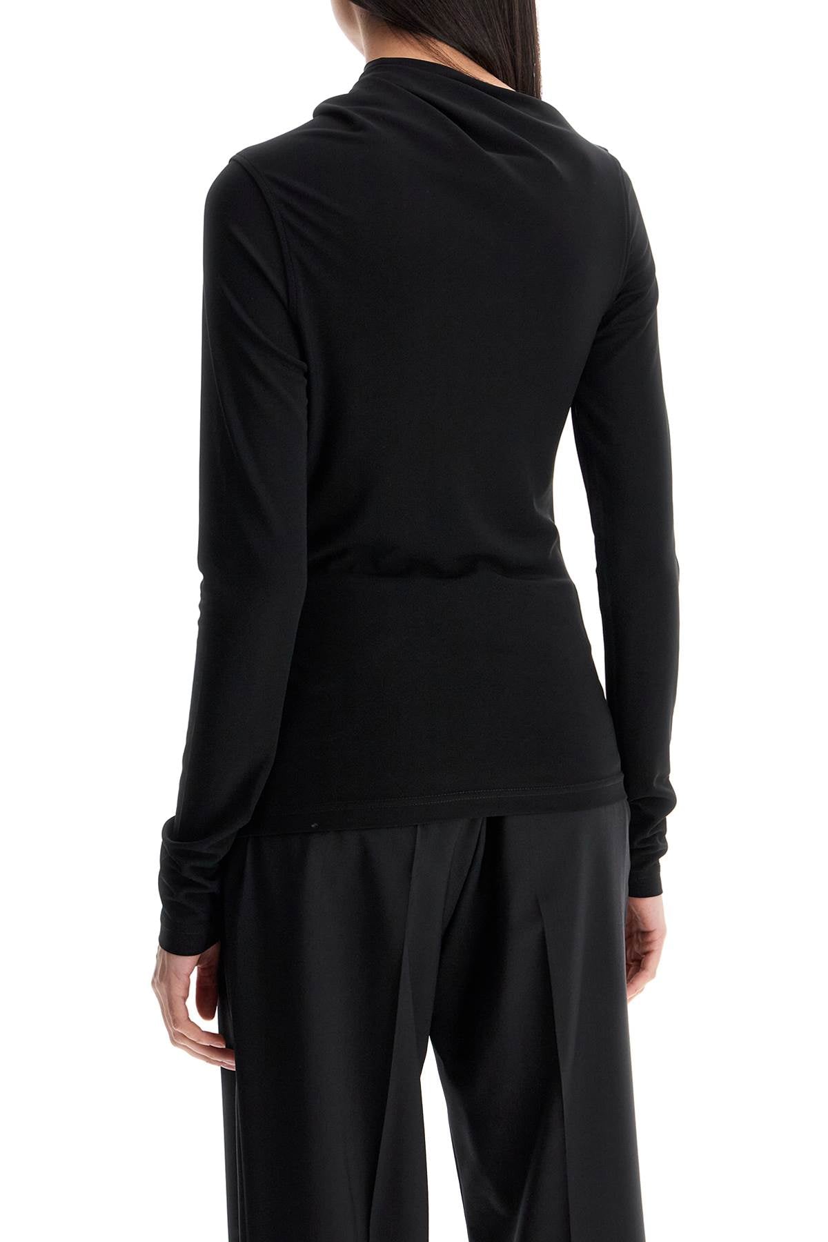 Toteme black draped jersey top with long sleeves and wide neck slim fit