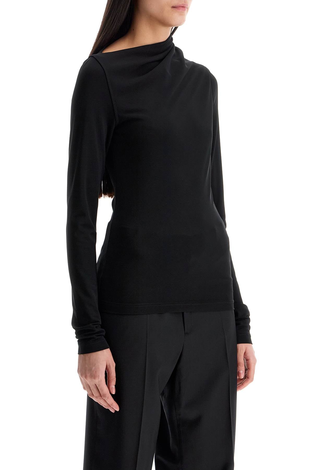 Toteme black draped jersey top with long sleeves and wide neck slim fit