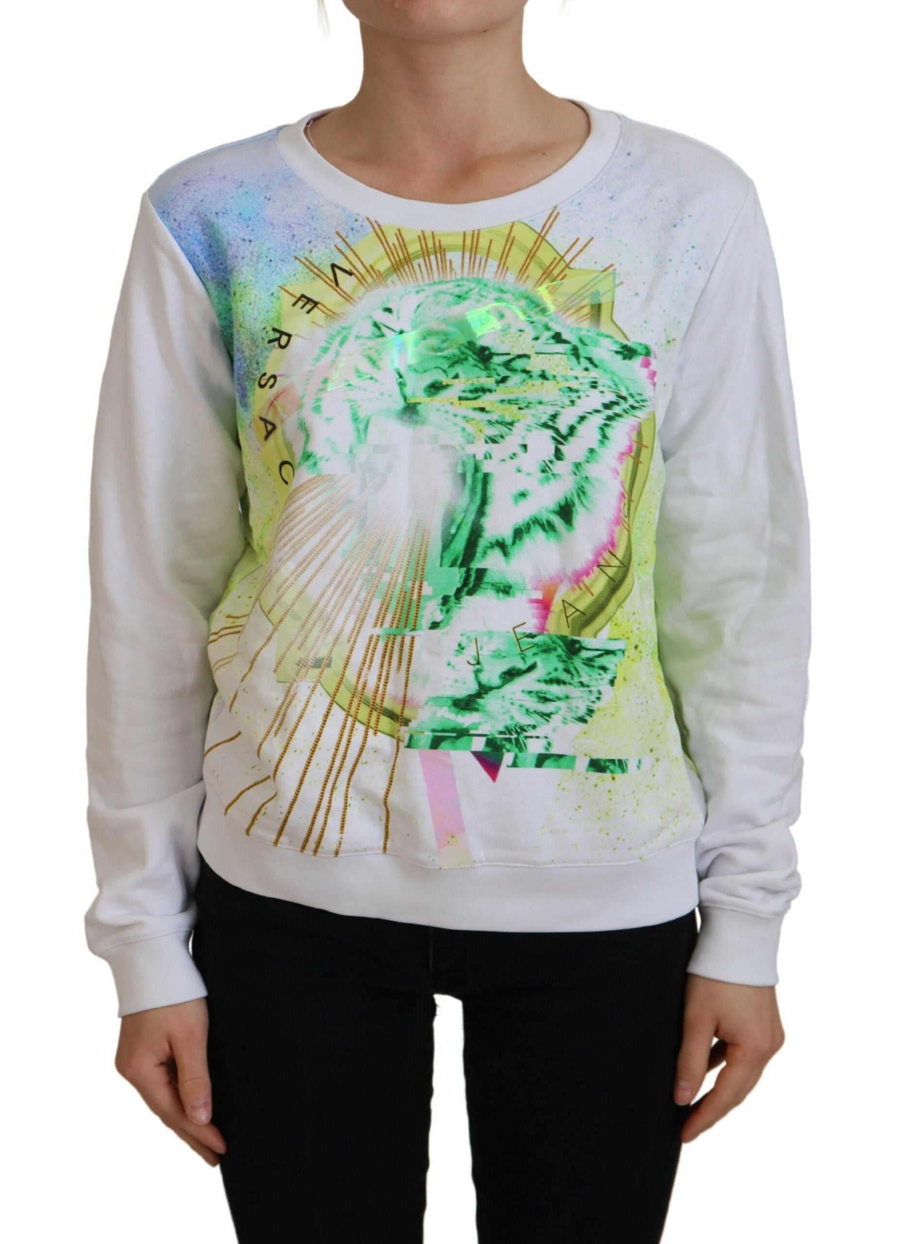 Versace Jeans Elegant White Graphic Crew Neck Sweater