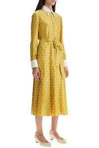 Valentino Garavani long yellow ochre silk dress with zig-zag pattern