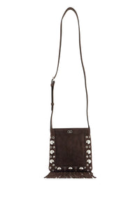 Valentino Garavani small suede crossbody bag in dark brown with studs and fringe