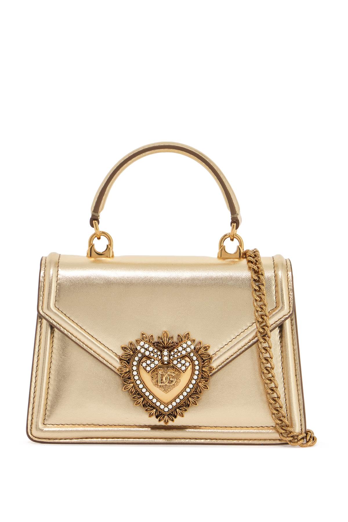 Dolce & Gabbana gold nappa shoulder bag with crystal heart and chain strap