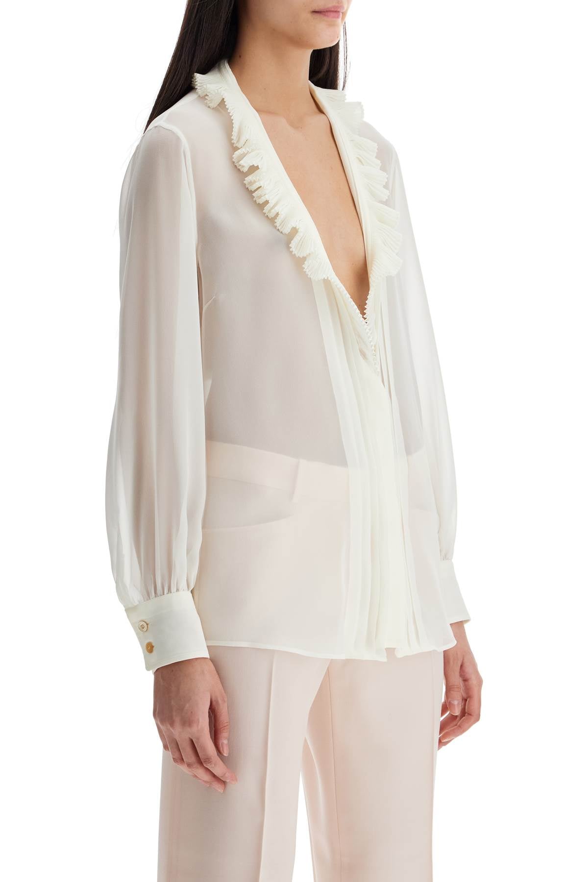 Tom Ford cream silk shirt with ruffled collar and mother-of-pearl buttons