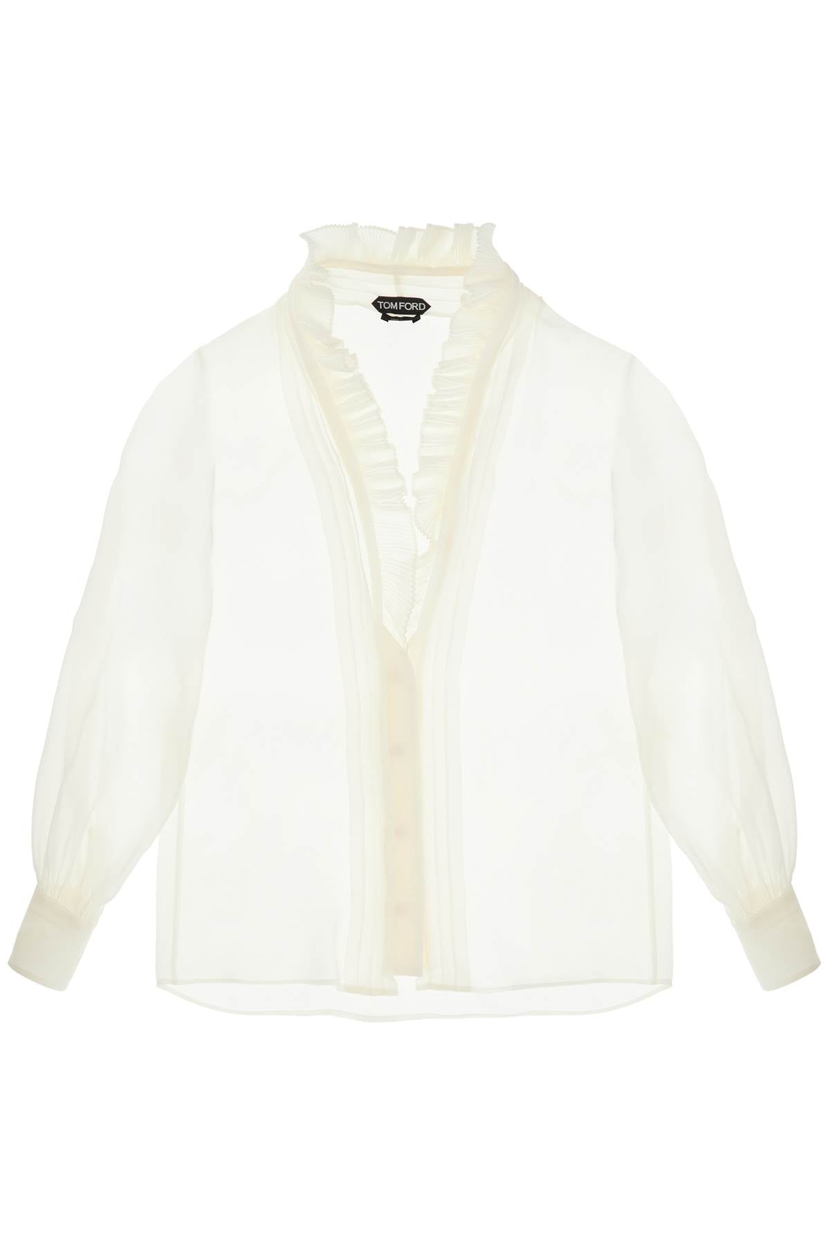 Tom Ford cream silk shirt with ruffled collar and mother-of-pearl buttons