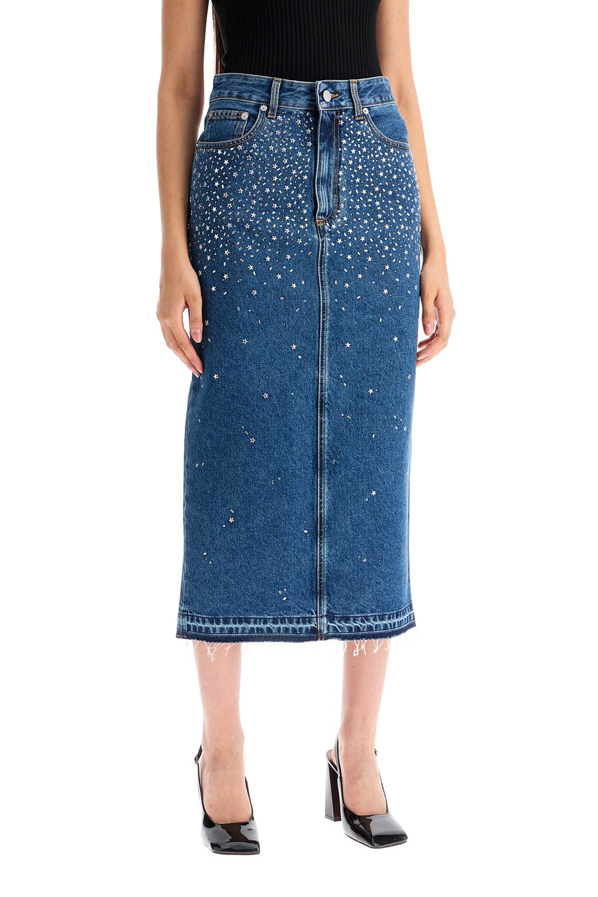 Alessandra Rich 'denim midi skirt with rhin