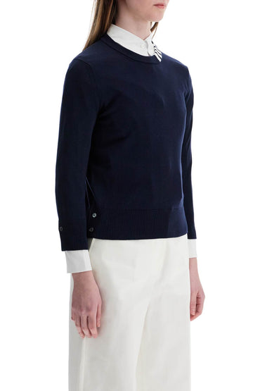 Thom Browne navy blue cotton sweatshirt with 4 stripes crew neck