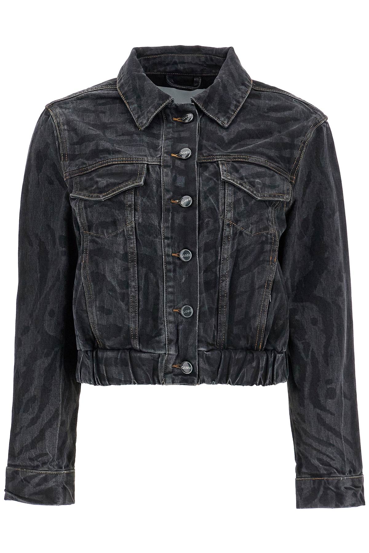 Ganni cut\n\nshort denim jacket with laser-cut