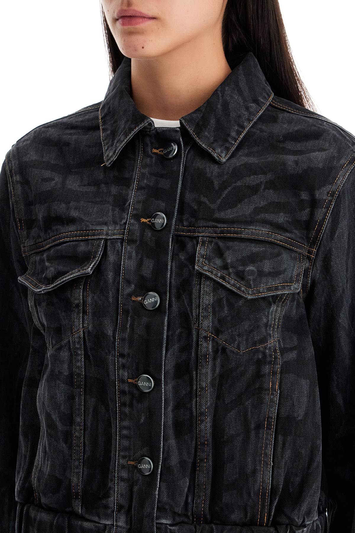 Ganni cut\n\nshort denim jacket with laser-cut