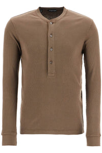 Tom Ford henley t-shirt in moss green modal cotton with mother-of-pearl buttons