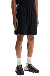 Y-3 black cotton shorts with white stripes