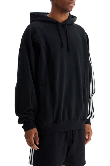 Y-3 black cotton and recycled polyester hoodie with white raglan stripes