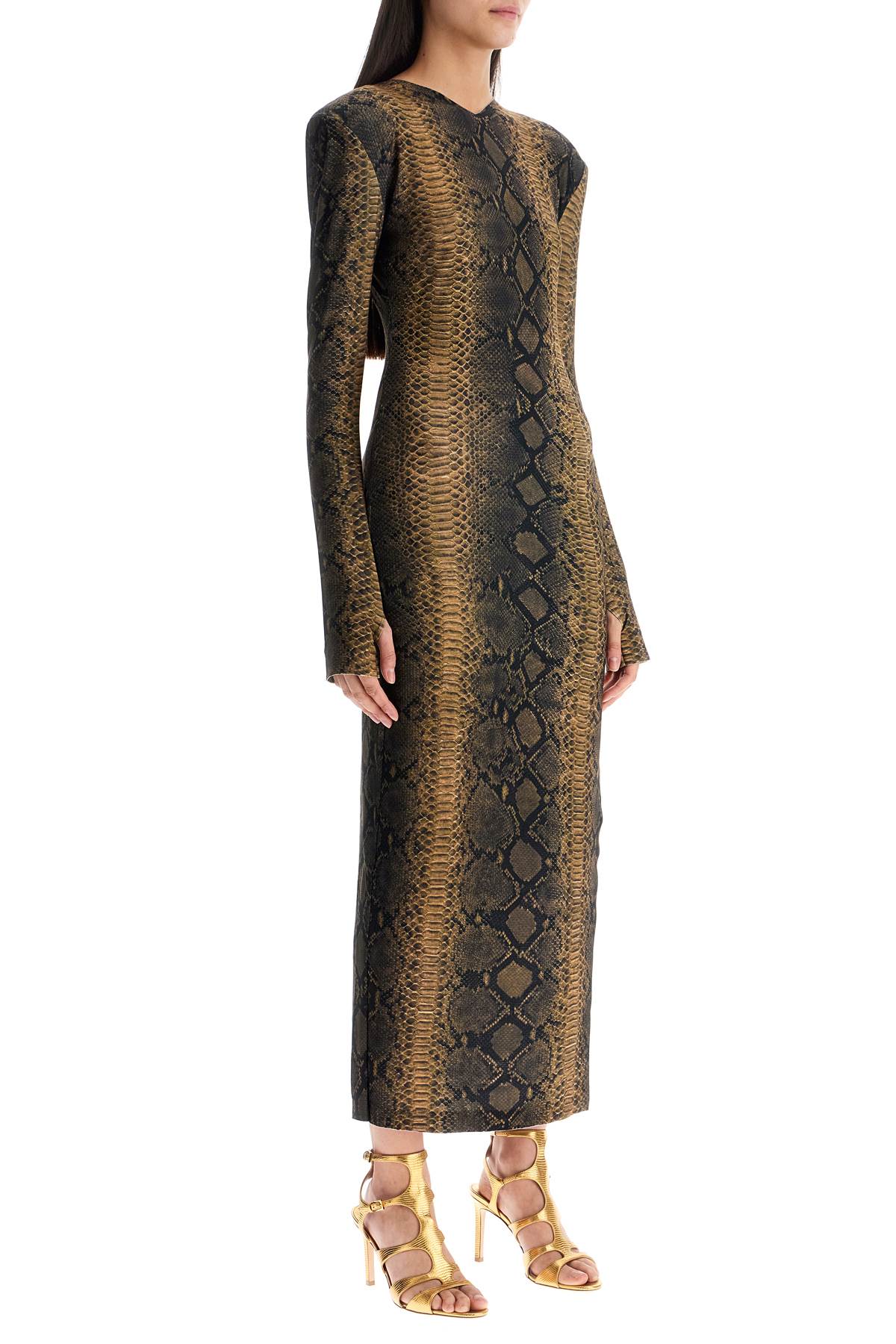 Norma Kamali brown slim fit long python effect dress