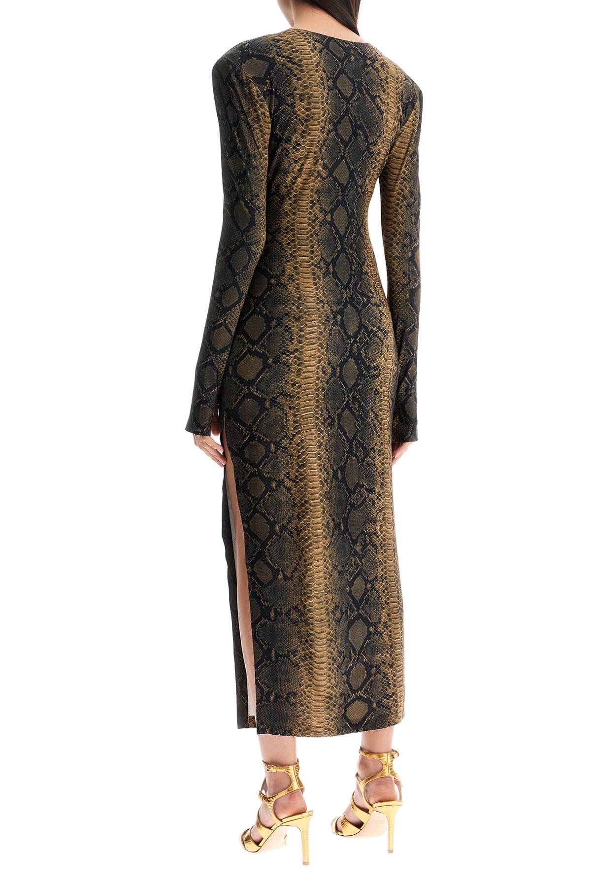 Norma Kamali brown slim fit long python effect dress