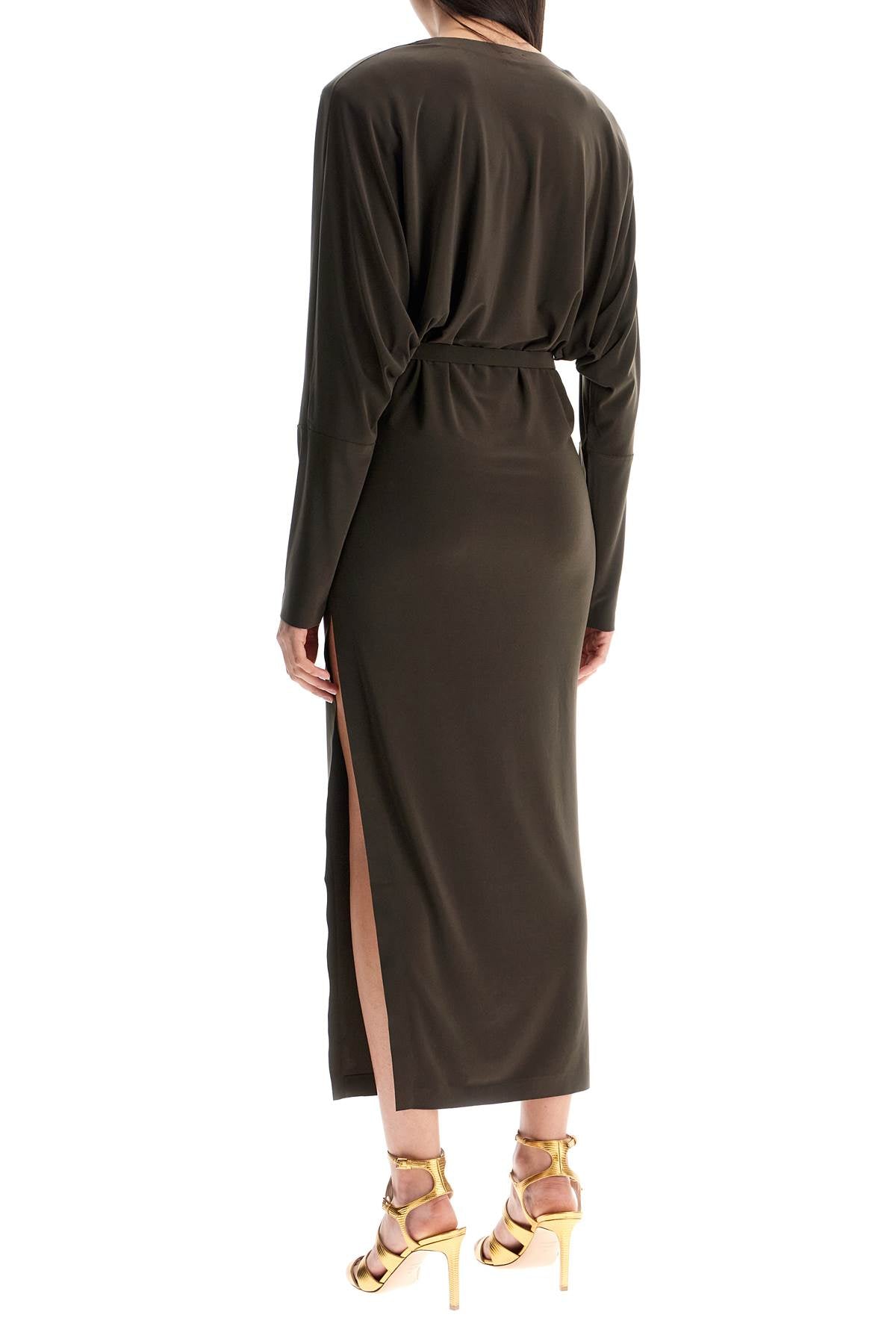 Norma Kamali brown midi slim long dress with v-neck and side slit