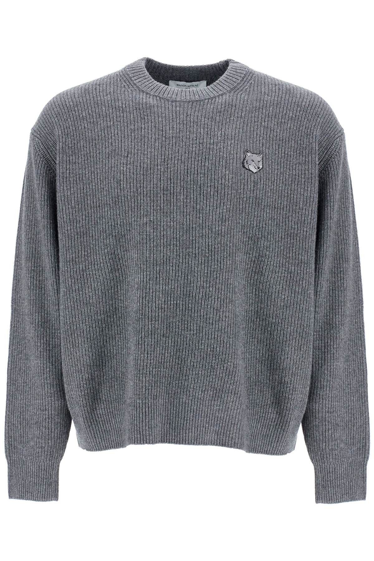 Maison Kitsune gray mélange wool sweater with embroidered fox logo