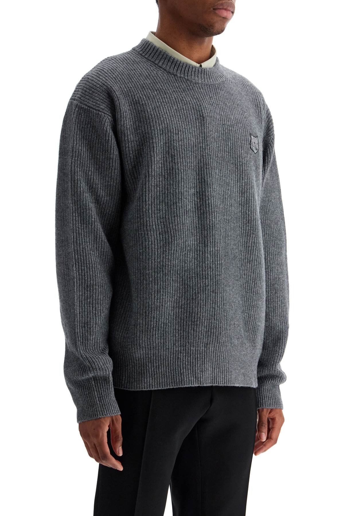 Maison Kitsune gray mélange wool sweater with embroidered fox logo