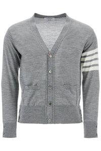 Thom Browne men's cardigan in pale grey merino wool with 4 white stripes