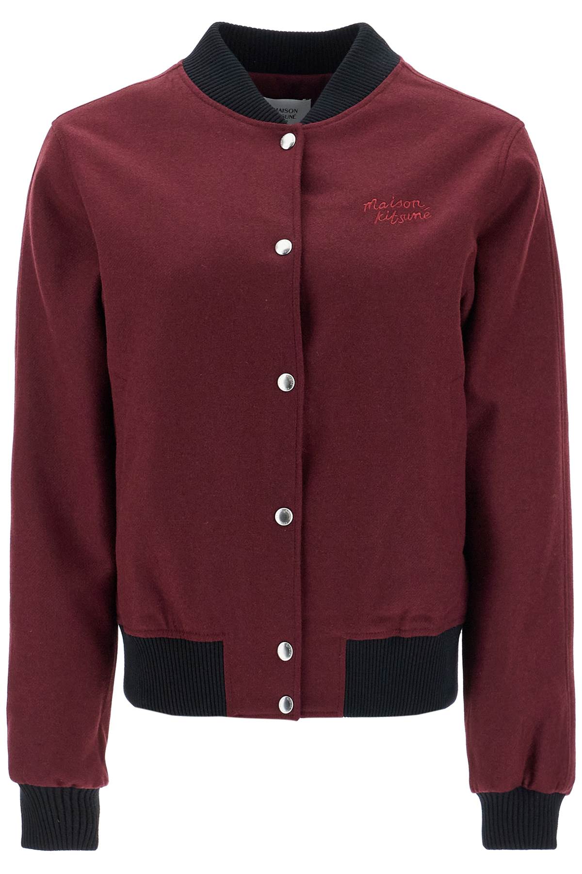 Maison Kitsune men's bordeaux wool teddy jacket with fox embroidery