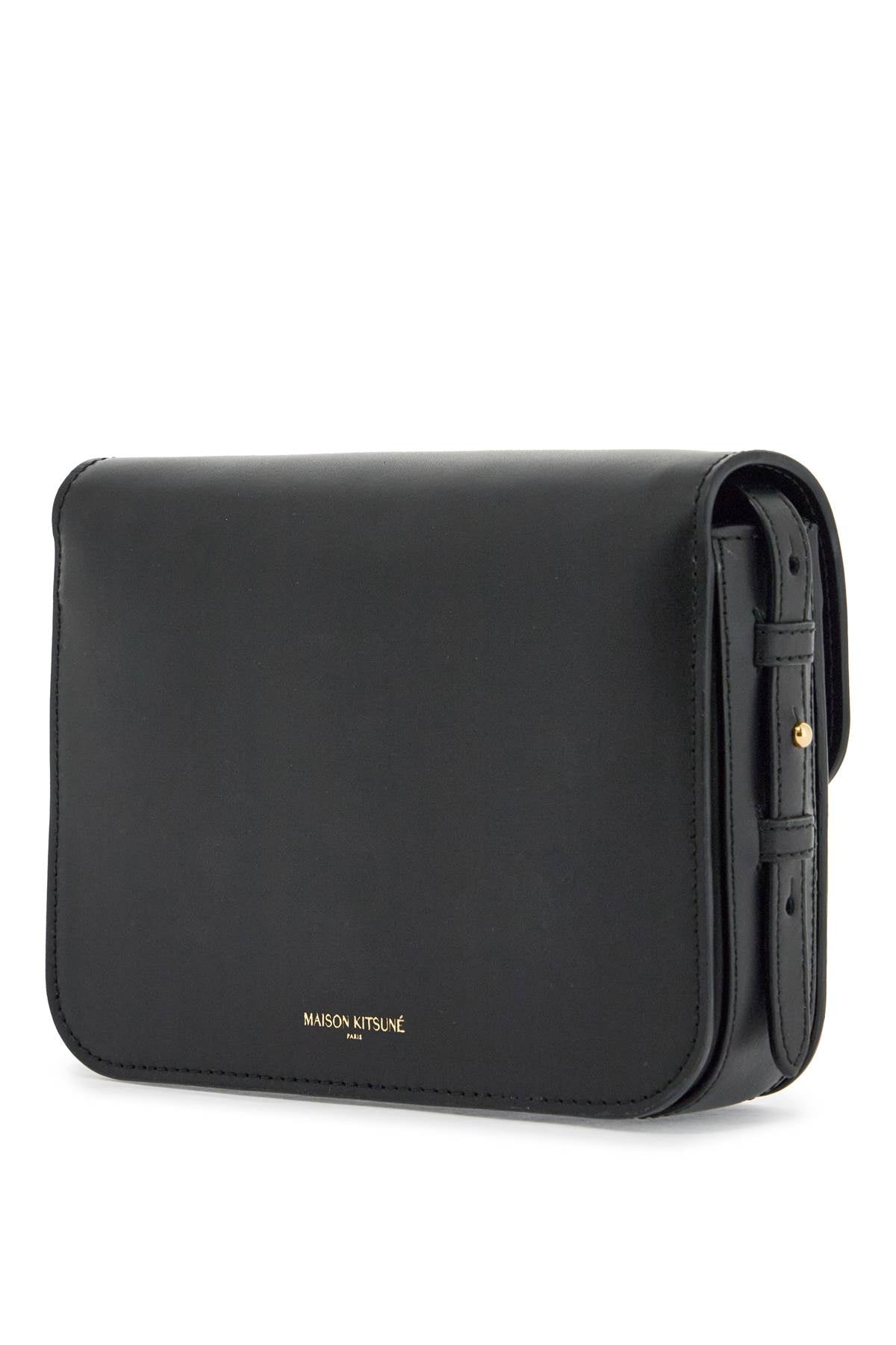 Maison Kitsune minimalist black leather bag with adjustable shoulder strap and glossy finish