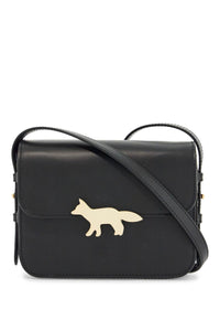 Maison Kitsune minimalist black leather bag with adjustable shoulder strap and glossy finish