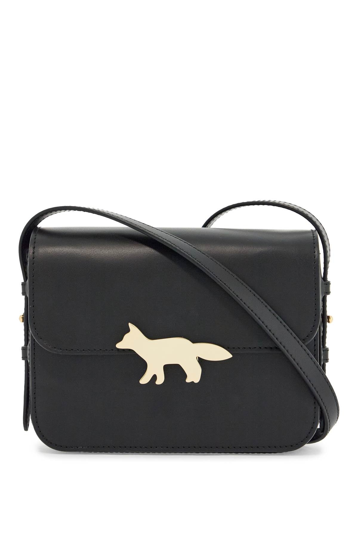 Maison Kitsune minimalist black leather bag with adjustable shoulder strap and glossy finish