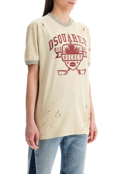 Dsquared2 short sleeve cotton champagne t-shirt with logo and maple leaf