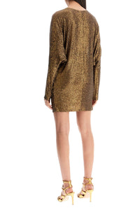 Norma Kamali mini wrap dress with v-neck long sleeves shimmering bronze cocktail