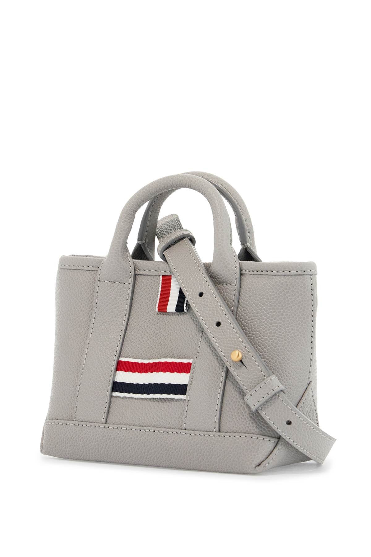 Thom Browne light gray leather micro tool tote bag with tricolor stripes