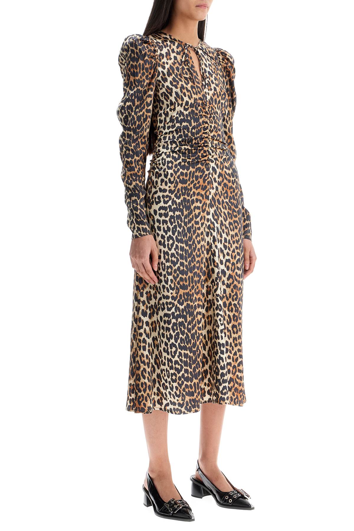 Ganni "animal print satin midi dress"